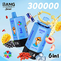 Two blue Bang Leader Stoll energy drink boxes featuring a cartoon monkey, peach ice flavor, and the bold 300000 with fruit imagery.