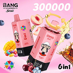 Two pink 6in1 Rainbow Candy drink cartons with a cartoon monkey logo, peaches, mango, berries, and 300000.