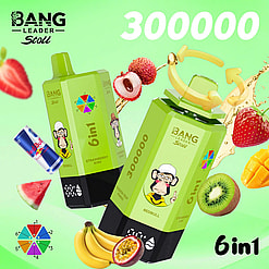 Bright green Bang Leader Stoll 6in1 juice cartons with monkey logo, fruit illustrations, a Red Bull can, and 300000 in white