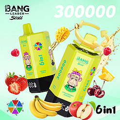 Two lime-green 6in1 juice pouches with monkey logos on a mint background, surrounded by berries and bananas.