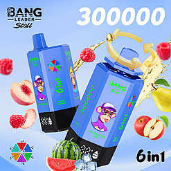 Two blue 6in1 Bang Leader Stoll bottles with a monkey logo and color wheel, peaches, raspberries and watermelon in view.