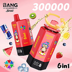 Pink poster with two red 6in1 energy drink packs featuring a cartoon headphone-wearing monkey, fruit graphics, and 300000.