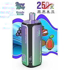Vape mod with gradient green to purple, detachable purple mouthpiece, labeled Quadals 4 in 1 with fruit flavor names on sides, colorful background.