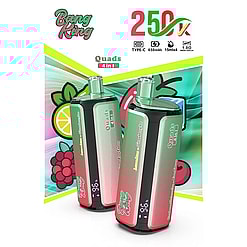 Two green and pink Bang King Quads 4-in-1 vape devices displayed against a colorful fruit-themed background with “Quads 4 in 1” label and 2500mAh capacity icons.