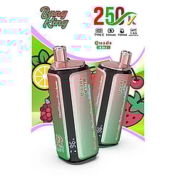 Two pink-green gradient vape devices with black bases standing side by side, featuring Quads 4 in 1 branding and fruit-themed graphics in the background.