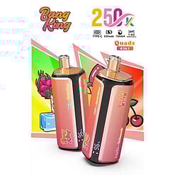 Two pink and black vape devices standing side by side with colorful geometric background and 