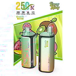 Two green and black Bang King 4-in-1 quad-style cordless bottles with fruit-themed labels, set against a bright fruit-themed background.