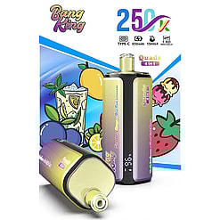 Bang King 2500 mAh vape kit with 4-in-1 flavors; colorful gradient devices and background fruit graphics, two rectangular e-cigure pods.