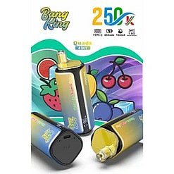 Colorful vape devices with a gradient blue-yellow design, along with fruit-themed background and bold branding logos at the top.