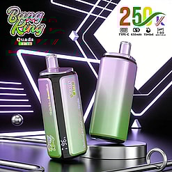 Two colorful vape mods with gradient green to purple finishes set against a futuristic stage with neon lines; bold Bang King Quads 4 in 1 branding and 2500 mAh label visible.