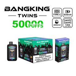 BANGKING TWINS disposable vape packaging and device, featuring 50000 puffs capacity, Type-C charging, 650 mAh battery, 28 ml e-liquid (2x14 ml), and 1.0 ohm dual mesh coil, with a warning about nicotine addiction.