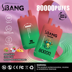 Two green and red gradient disposable vapes labeled S.BANG BANG LEADER with a monkey wearing sunglasses and text indicating 80,000 puffs and triple flavor options: kiwi guava, lychee ice, mango peach pineapple; icons show Type-C charging, dual mesh, and a warning about nicotine being addictive; background features abstract pink and green shapes.