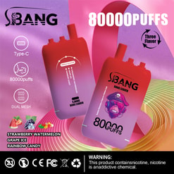 Two red gradient disposable vape devices labeled 'S.BANG Bang Leader' with an illustration of a pirate monkey wearing sunglasses and a bandana, advertising 80,000 puffs and triple flavors: strawberry watermelon, grape ice, and rainbow candy, on a pink and purple abstract background with product features listed on the left.