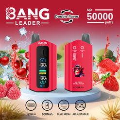 Two red Bang Leader vaping devices displaying digital power and juice levels, surrounded by splashes of cherries, strawberries, raspberries, and ice cubes, with text highlighting double flavor and up to 50,000 puffs capacity.
