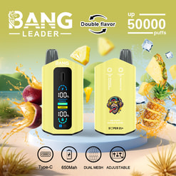 Two yellow Bang Leader vaping devices with digital display and pineapple ice and passionfruit flavors, surrounded by splashes of pineapple and passionfruit on a green background, highlighting features like double flavor, 50,000 puffs, Type-C charging, 650mAh battery, dual mesh, and adjustable settings.