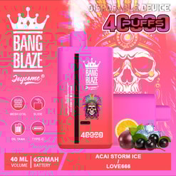 Pink disposable vape device with 40 puffs, branding 'Bang Blaze Joycome', featuring mesh coil, slide, oil tank, and Type-C charging icons; flavor 'Acai Storm Ice | Love666' with acai berries, orange slice, and ice cubes graphic in the background.