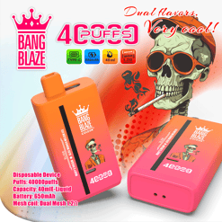 Deux appareils de vapotage jetables dégradés orange-rose de la marque Bang Blaze, représentant un squelette portant des lunettes de soleil orange et une casquette fumant, avec des spécifications pour une capacité d'e-liquide de 40 ml, une batterie de 650 mAh, une charge de type C et une double bobine en maille de 1,2 Ω, favorisant 40 000 bouffées et des saveurs doubles.