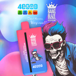Gradient Pink to Blue Device avec marque de couleur Blaze Blaze et une figure stylisée avec des cheveux violets et bleus bicolores en arrière-plan, entouré de symboles indiquant une charge de type C, une batterie de 650 mAh, une capacité de 40 ml et une bobine de maille de 1,2Ω;