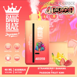 Disposable Blaze Blaze Joycome Vaping Dispositif avec 4000 Puffs Capacité en fraise Banana Passion Fruit Kiwi Flavour, montré aux côtés des fruits illustrés et du fond de conception du crâne coloré