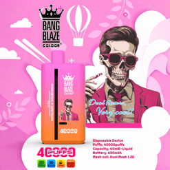 Pink and orange gradient disposable vape device labeled "Bang Blaze Color" with text indicating tropical fruits and triple watermelon flavor, 40,000 puffs capacity, and 650mAh battery, set against a pink background with cloud and hot air balloon graphics and a stylized illustration of a person in a suit holding the vape, with their face blurred.