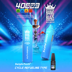 Two blue Bang Blaze Shisha cycle refueling type devices labeled blueberry ice with 4000 puffs capacity, placed in front of a traditional hookah on a blue and purple stage with light effects, alongside a small blueberry flavor bottle and icons indicating Type-C charging, 1000mAh battery, 40ml capacity, and 0.6 ohm mesh coil.