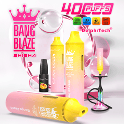 Un appareil de vapotage jetable dégradé rose et jaune étiqueté Bang Blaze Shisha avec une saveur de mangue et de pêche, représenté debout, allongé et connecté à un narguilé coloré ; une petite bouteille d'e-liquide à saveur de mangue et de pêche se trouve à côté des vapes, et le texte met en évidence 40 000 bouffées, 40 bouffées et des spécifications techniques telles que la charge de type C, la batterie de 1 000 mAh, la capacité de 40 ml et la bobine en maille de 0,6 Ω