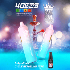 Deux appareils de vapotage à chicha Bang Blaze à dégradé pastel étiquetés avec 4000 bouffées et une saveur de glace à la pêche, positionnés devant un narguilé traditionnel avec de la fumée et un fond bokeh coloré, comportant des icônes pour les spécifications de bobine en maille de type C, 1000 mAh, 40 ml et 0,6 Ω.