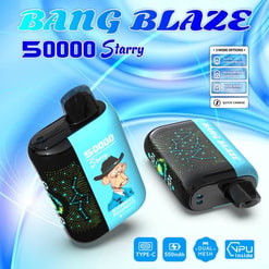 Two black and blue vape devices labeled BANG BLAZE 50000 Starry with constellation patterns and a cartoon monkey wearing a cowboy hat, set against a blue swirling background with text highlighting 3 mode options, quick charge, USB Type-C, 550mAh battery, dual mesh, and VPU inside.