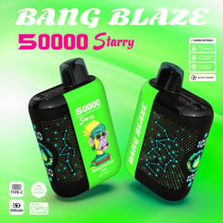 Two black and neon green Bang Blaze 50000 Starry vaping devices with constellation designs and cartoon character on front, set against a bright green background with product features and mode options text