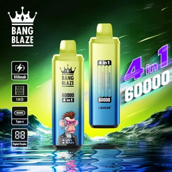 Zwei farbenfrohe Bang Blaze 4-in-1 Einweg-Vape-Geräte mit 60.000 Zügen, Batterie- und Geschmacksdetails, vor dem Hintergrund einer leuchtend grün-blauen Berglandschaft, die sich im Wasser spiegelt.