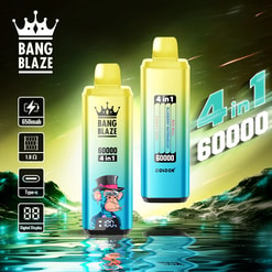 Zwei Einweg-Vaporizer mit Farbverlauf von Gelb nach Blau, auf einem Gerät sind das Bang Blaze-Logo und ein Comic-Affe mit Zylinder zu sehen, vor einem grün leuchtenden Hintergrund mit Wasser- und Felsreflexionen, mit hervorgehobener „4 in 1 60.000“-Zügenzahl und Spezifikationen wie 650-mAh-Akku, 1,0-Ohm-Widerstand, Typ-C-Ladefunktion und Digitalanzeige.