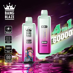 Zwei rosa und silberne Bang Blaze 60000 4-in-1-Einweg-Vape-Geräte mit Digitalanzeige und einer Affenillustration auf einem, dargestellt vor einem sternenklaren violetten Himmel und einer reflektierenden Wasseroberfläche, mit Angaben zu 650-mAh-Akku, 1,0-Ohm-Widerstand, Typ-C-Laden und Digitalanzeige.