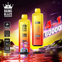 Two gradient orange-yellow disposable vape devices with digital screens and a smoking ape graphic, featured against a bright sunset landscape with water and mountains, highlighting 'BANG BLAZE 60000 4 in 1' branding and specifications including 650mAh battery, 1.0Ω resistance, Type-C charging, and four flavor options.