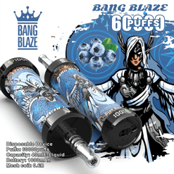 Two blue-themed disposable vape devices with angelic warrior artwork lying on a white surface, blue blueberries graphic in the background, product branding 