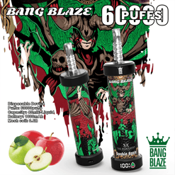 Two Bang Blaze disposable vape devices with colorful packaging featuring a horned skull figure and green and red graphics, labeled with 60,000 puffs and Double Apple flavor, alongside fresh green and red apples and product specifications on a white background.