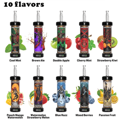 Ten Bang Blaze vape cartridges each labeled with a flavor and accompanied by corresponding fruit or mint images: Cool Mint, Brown Ale, Double Apple, Cherry Mint, Strawberry Kiwi, Peach Mango Watermelon, Watermelon Strawberry Melon, Blue Razz, Mixed Berries, and Passion Fruit.