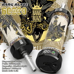 Two disposable Bang Blaze vaping devices with ornate black and gold artwork depicting a stylized snake and dragon design, labeled for 60,000 puffs and passion fruit flavor, with specifications showing 40ml e-liquid capacity, 1000mAh battery, and 0.6 ohm mesh coil.