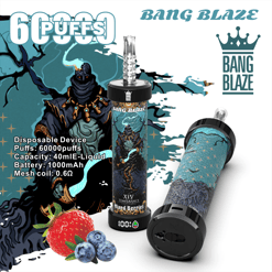 Two Bang Blaze disposable vape devices with mixed berries flavor, featuring dark fantasy-themed artwork and specifications including 60000 puffs, 40ml e-liquid capacity, 1000mAh battery, and 0.6 ohm mesh coil, alongside images of a strawberry and blueberries.