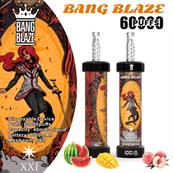 Two disposable vape devices with colorful skins featuring a red-haired character and dragon motifs, labeled Bang Blaze and accompanied by images of watermelon slices, a mango piece, and peaches, with promotional text indicating 60000 puffs, 40ml e-liquid capacity, 1000mAh battery, and 0.6Ω mesh coil.