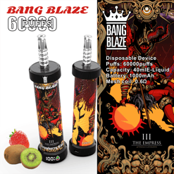 Two cylindrical vaping devices with black tops and artistic designs featuring a fiery figure, accompanied by a strawberry and kiwi fruit; the right side shows a colorful design with a crowned skeleton figure holding a sun, and product details about a disposable device with 60000 puffs, 40ml e-liquid capacity, 1000mAh battery, and 0.6 ohm mesh coil under the brand name Bang Blaze.