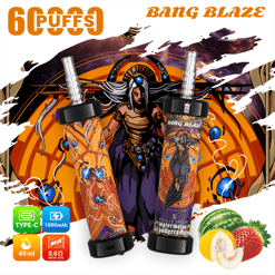 Two Bang Blaze disposable vape devices with colorful cosmic and fantasy-themed design, labeled with watermelon and strawberry melon flavor, displayed against a vibrant background featuring a mystical female figure with blue eyes and ornate costume, surrounded by fruit visuals including watermelon, strawberry, and melon, along with icon indicators of 6 puffs, type-C charging, 1000mAh battery, 40ml capacity, and 0.6 ohm mesh coil.