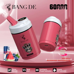 Two pink Bang De disposable vape devices with a monkey wearing a jeweled crown illustration, advertised for 60,000 puffs, featuring Blueberry Watermelon and Red Bull flavors, with icons for three flavors, dual coil, intelligent power indicator, and digital oil indicator on a pink gradient background.