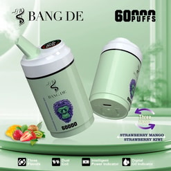 Two light green Bang De vaping devices with a gorilla head logo, labeled for 60,000 puffs, emitting vapor, surrounded by illustrations of strawberries, mangoes, and kiwis to indicate three flavors, with icons showing features like dual coil, intelligent power indicator, and digital oil indicator.