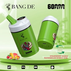 Two green Bang De disposable vape devices with monkey graphics, advertising 60,000 puffs and three flavors: strawberry mango, watermelon, and bubble gum, alongside flavor icons and features like dual coil, intelligent power indicator, and digital oil indicator.