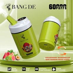 Two green Bang De vape devices with a white top and a digital display, surrounded by images of strawberries, watermelon, kiwi, passion fruit, and guava, promoting 60000 puffs and featuring three flavors, dual coil, intelligent power indicator, and digital oil indicator.