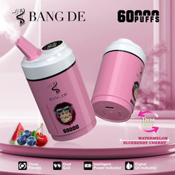 Two pink Bang De vaping devices with a stylized gorilla wearing sunglasses on the label, emitting vapor, showcased with watermelon, blueberries, and cherry to indicate flavors, highlighting 60,000 puffs, three flavors, dual coil, intelligent power indicator, and digital oil indicator features against a pink background.