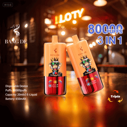 Two orange and red disposable vape devices with a cartoon monkey wearing a crown and sunglasses, displayed on a wooden surface in a warmly lit bar or cafe setting, advertised as BANG DE brand with 80,000 puffs, 3-in-1 flavor capacity, and 650mAh battery.