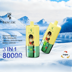 Two yellow and green disposable vape devices with a cartoon ape logo and the brand name BANG DE, displayed against a snowy mountainous background, highlighting features like 80000 puffs, 20ml e-liquid capacity, and 650mAh battery.