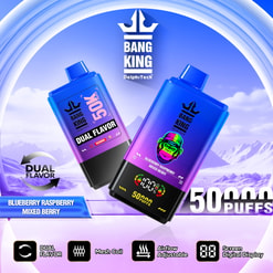 Two blue and purple gradient disposable vape devices labeled Bang King with dual flavor blueberry raspberry mixed berry, showing 50K puffs, depicted against a light blue sky and snow-capped mountains background, highlighting features like mesh coil, adjustable airflow, and digital display.
