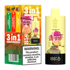 Vape packaging and device featuring a cartoon ape wearing a pink cap, labeled with three adjustable flavors: Strawberry Pomp, Strawberry Red Bull, and Berry Lemonade, with a warning about nicotine addiction.